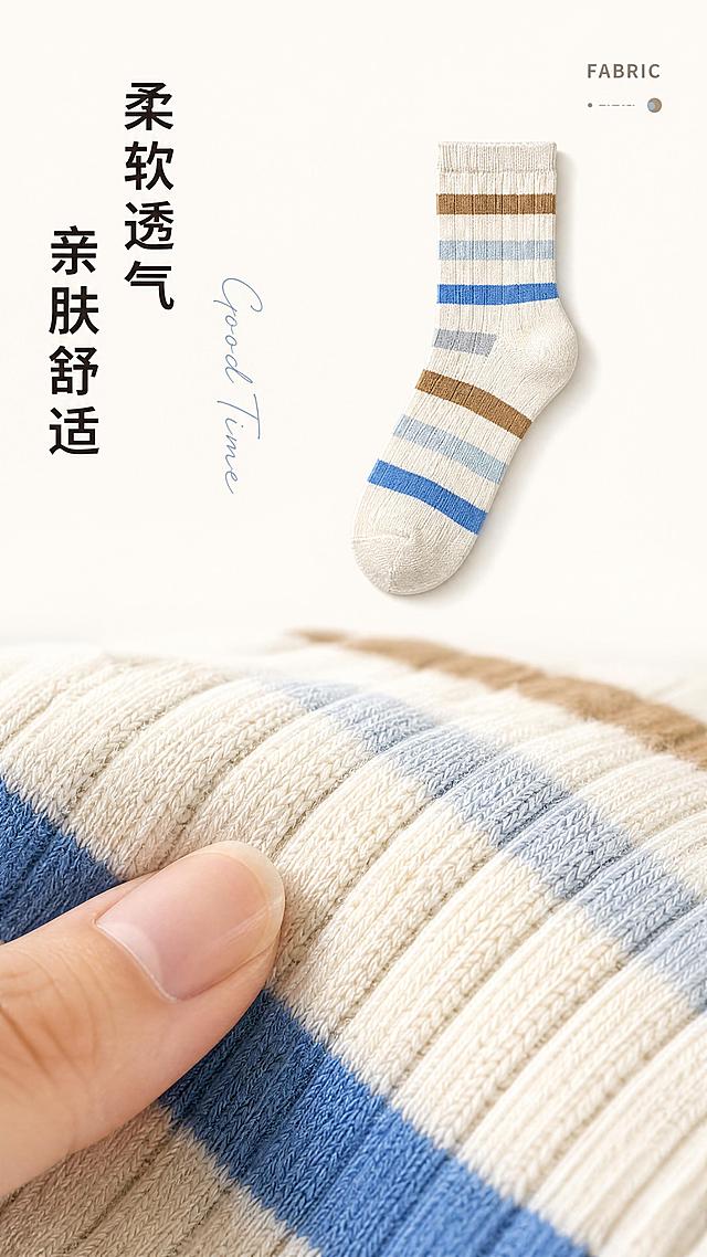 [第4屏] 面料工艺-1001儿童袜针织面料细节展示。本屏使用【图1】产品面料微距特写。
[标题版式] 左侧竖排小标题，搭配手写英文装饰，风格简约自然，突出质感。
[氛围/风格] 自然真实，微距特写质感，柔软温暖的材质氛围，商业细节摄影质感。
[元素布局] 画面下半部分放置袜身针织纹理的微距特写，占比约60%，清晰展示竖向罗纹针织纹理；上方放置整只袜子小图作为参照；左下角增加手部轻触面料的局部特写，增强触感表达；纹理与原图产品保持一致。
[光影质感] 柔和侧光，突出针织纹理的凹凸质感，纹理清晰，明暗层次自然。
[配色色系] 全局底色 #F8F9F4；主色浅米灰；辅助色浅蓝、浅棕；保持和整体配色统一。
[视角构图] 特写+整体组合构图，上小下大，视觉重点在面料细节。
[文字版式] 左侧竖排标题「柔软透气 亲肤舒适」，右上角小字英文「FABRIC」，文字不遮挡主要特写区域，清晰易读。
[比例分辨率] 9:16 竖版比例，1080*1920，4K分辨率，文字清晰可辨，高清画质。
[负向提示词] 纹理模糊，结构变形，文字错乱，颜色失真，水印。