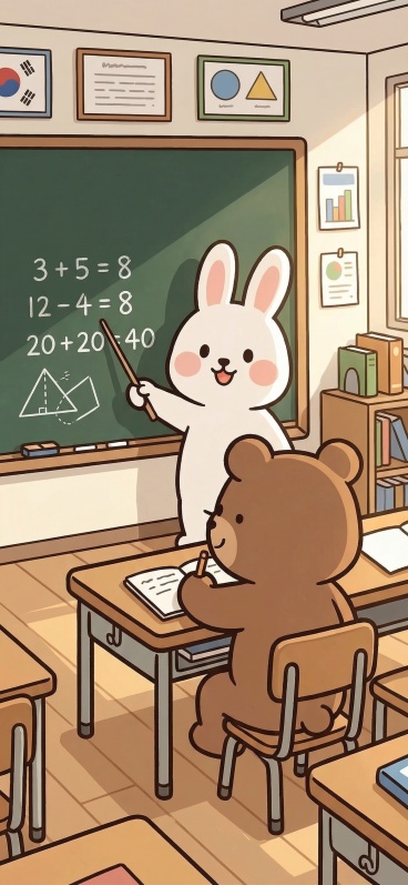 保留原图片里的白色兔子老师和棕色小熊学生两个卡通形象，保持相同的卡通风格，生成老师教学生数学的课堂场景，确保整个黑板完整全部露出来，黑板上有数学算式，小兔子老师站在黑板前讲课，小熊学生坐在课桌前听课做预览效果