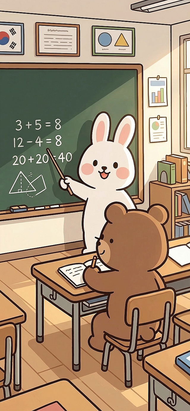 保留原图片里的白色兔子老师和棕色小熊学生两个卡通形象，保持相同的卡通风格，生成老师教学生数学的课堂场景，确保整个黑板完整全部露出来，黑板上有数学算式，小兔子老师站在黑板前讲课，小熊学生坐在课桌前听课做笔记