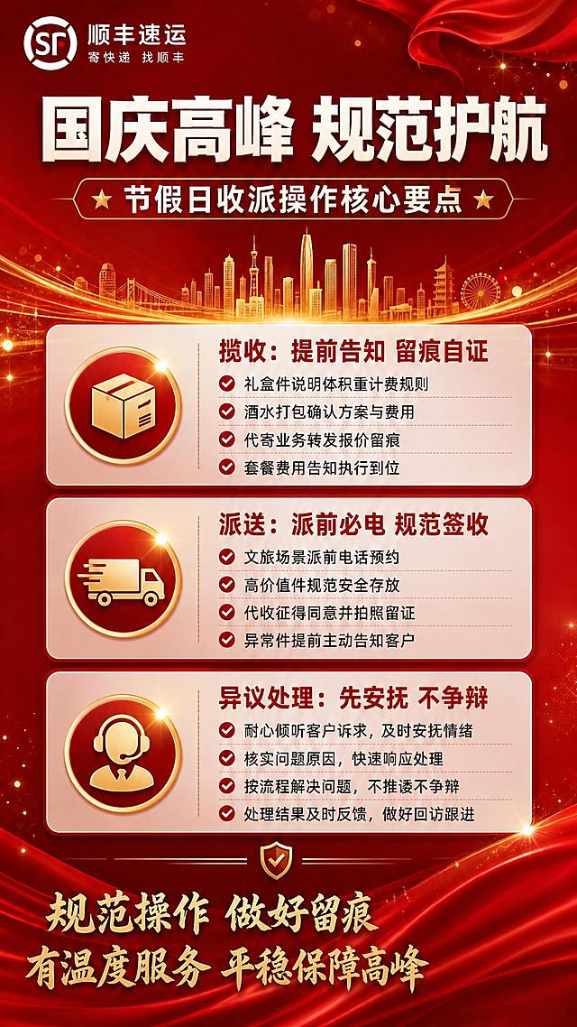 将左上角的圆通速递logo和文字替换为顺丰速运的品牌标识，logo为顺丰经典SF标志，文字改为"顺丰速运"，下方slogan改为"寄快递 找顺丰"。将右下角的二维码占位方块去除，该区域恢复为红色绸带背景，保持整体画面协调一致。其余所有内容（主标题、副标题、三大模块内容、底部标语、城市剪影、金色光效等）保持不变，整体风格、配色、版式完全一致。