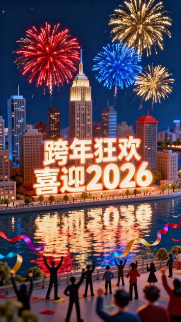 炫酷城市元旦海报，深蓝夜景为底色，高楼大厦间绽放着红金蓝三色烟花，江面倒映着光影，画面中央是“跨年狂欢 喜迎 2026”的发光艺术字，下方点缀人群欢呼的剪影与彩色彩带，风格热闹璀璨，传递城市跨年的狂欢预览效果