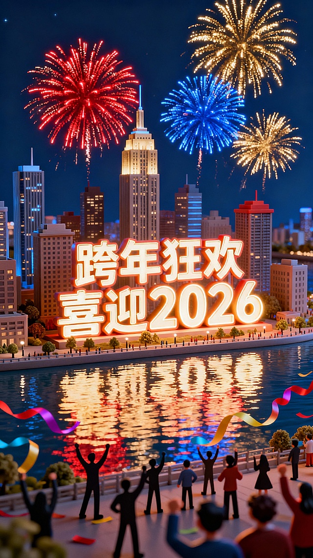 炫酷城市元旦海报，深蓝夜景为底色，高楼大厦间绽放着红金蓝三色烟花，江面倒映着光影，画面中央是“跨年狂欢 喜迎 2026”的发光艺术字，下方点缀人群欢呼的剪影与彩色彩带，风格热闹璀璨，传递城市跨年的狂欢氛围，c4d，微缩景观，艺术感