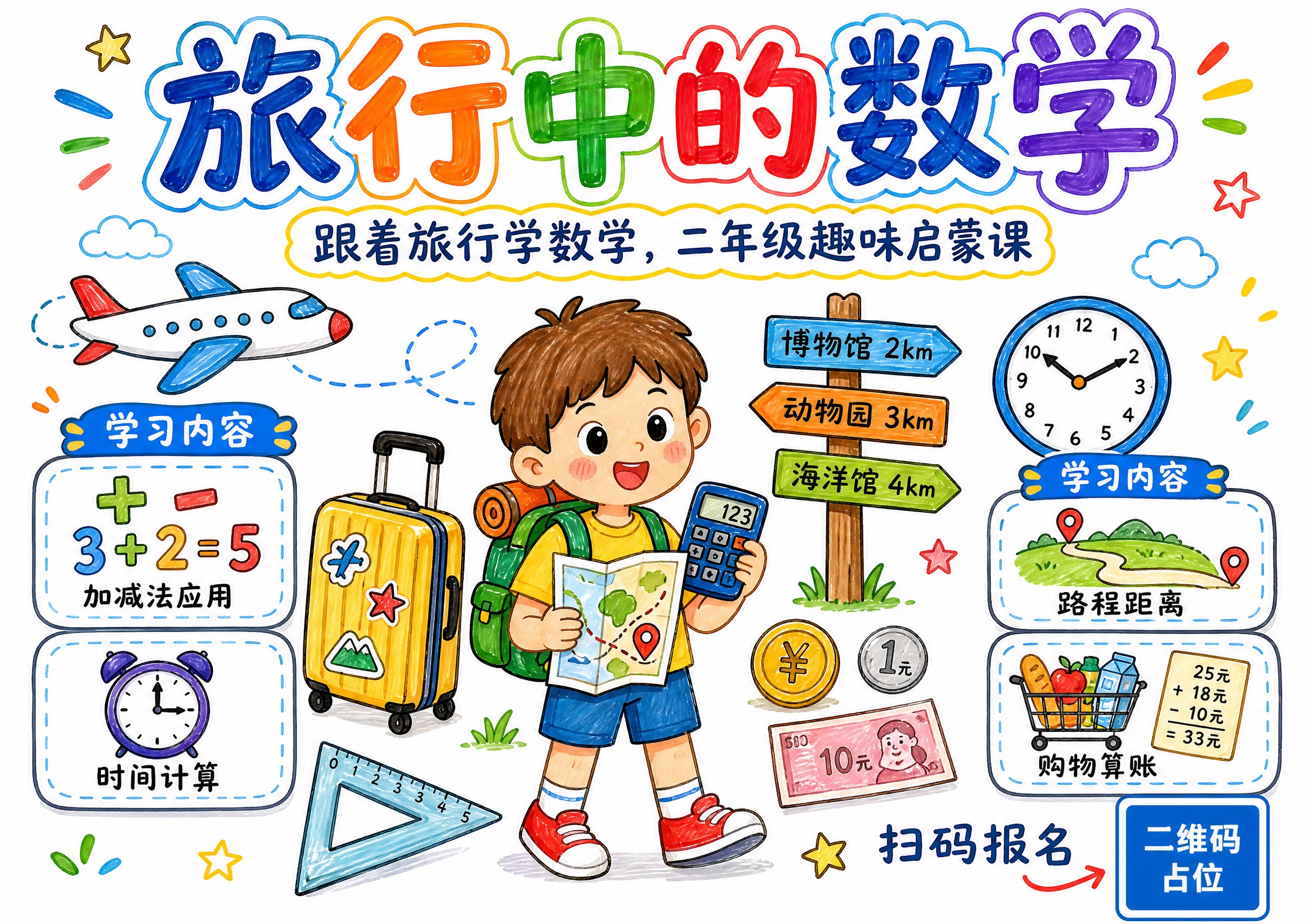 马克笔手绘风格海报，白底，适合二年级小朋友的旅行数学主题。画面… - 图片创意预览