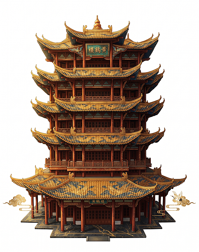 将这张黄鹤楼图片转换成国潮复古风格，保留建筑结构，增加国潮复古色调和纹理质感