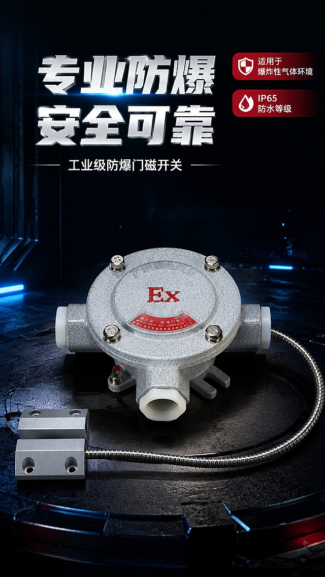 [第1屏] 详情页头图-防爆门磁工业产品宣传海报。本屏使用【图1】作为商品主体。
[氛围/风格] 专业工业科技风，深色蓝黑背景，硬朗科技质感，商业工业摄影质感。
[元素布局] 防爆门磁产品主体置于画面中下区域，占比约65%-70%；顶部留大标题区域，右上角点缀两条核心卖点角标；保留产品原有结构、金属质感、颜色和全部部件与输入产品图完全一致，突出产品防爆壳体和一体式金属走线。
[光影质感] 主光源从左侧打光，右侧自然柔光过渡，产品边缘保留清晰轮廓光，金属表面呈现清晰磨砂质感和高光，整体明暗层次分明。
[配色色系] 全局底色 #12171F，主色蓝黑科技调，辅助色红色防爆标识点缀，浅灰色产品主体。
[视角构图] 正面45°微仰视，产品为绝对视觉中心，阅读动线从上到下：顶部标题 → 中部产品 → 底部卖点信息。
[文字版式] 版式为顶部大标题 + 中部产品展示 + 右上角卖点角标。主标题「专业防爆 安全可靠」，副标题「工业级防爆门磁开关」，大字号加粗黑体居中；右上角两个圆角卖点标签：「适用于爆炸性气体环境」「IP65防水等级」；文字清晰不遮挡产品主体。
[比例分辨率] 9:16竖版比例，4K分辨率，文字清晰可辨，高清画质。
[负向提示词] 产品变形，缺件错件，颜色偏差，包装文字错乱，水印，文字错乱，产品图模糊，背景杂乱