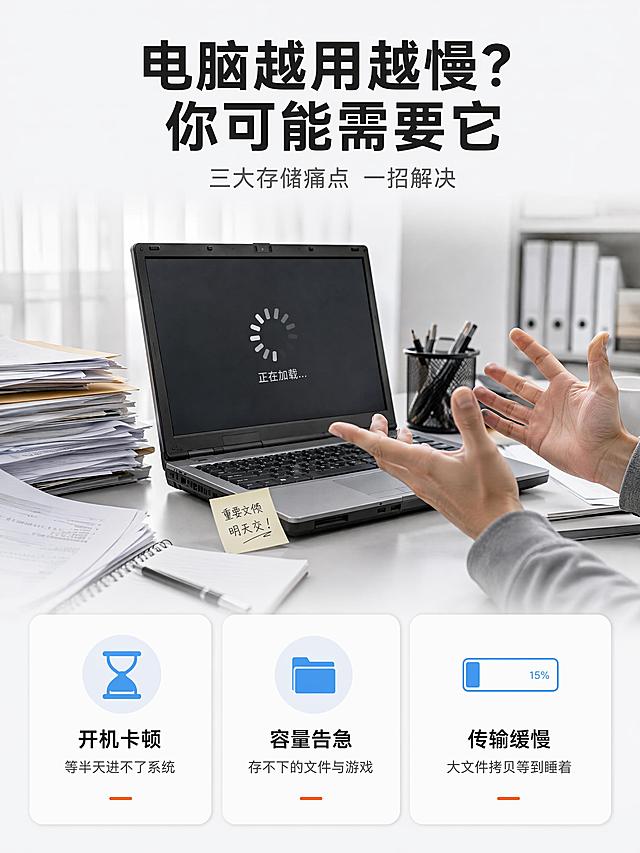 [第2屏] 详情页痛点直击-电脑存储升级痛点场景。本屏无需产品图，纯场景痛点呈现。
[氛围/风格] 写实办公场景，略带焦虑感，真实生活质感，引发用户共鸣。
[元素布局] 画面分为上下两部分，上半部分展示办公桌面场景：一台老旧笔记本电脑屏幕显示加载转圈图标，旁边有焦急的手部动作，桌面上散落文件；下半部分用三个痛点卡片横向排列，每张卡片配小图标和痛点描述。背景为浅灰色渐变，简洁干净。
[光影质感] 柔和室内自然光，左侧主光源，整体明亮通透，阴影自然。
[配色色系] 全局底色 #F5F6F8 浅灰；主色 深灰文字 #333333；辅助色 警示橙 #FF6B35、浅蓝图标。
[视角构图] 正面平视，上场景下卡片结构，阅读动线从上到下。
[文字版式] 顶部大标题「电脑越用越慢？你可能需要它」，黑色粗黑体居中；副标题「三大存储痛点 一招解决」，灰色细体。下半部分三张痛点卡片横向排列：第一张配沙漏图标，标题「开机卡顿」，描述「等半天进不了系统」；第二张配文件夹图标，标题「容量告急」，描述「存不下的文件与游戏」；第三张配进度条图标，标题「传输缓慢」，描述「大文件拷贝等到睡着」。每张卡片白底圆角，图标在上文字在下。
[比例分辨率] 3:4竖版比例，4K分辨率，文字清晰可辨，高清画质。
[负向提示词] 变形，水印，文字错乱，文字过小，背景杂乱，人物面部模糊。
