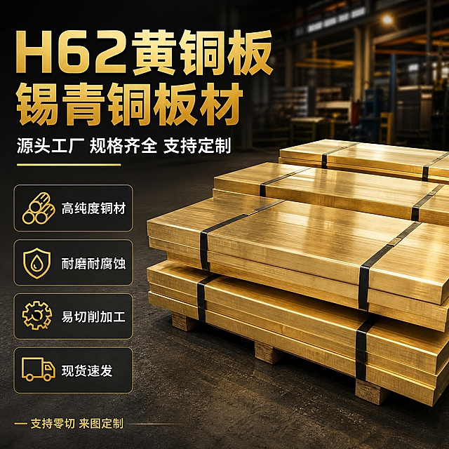 [主图-1] 主题：H62黄铜板锡青铜板材源头工厂直供，首图点击率任务，突出产品全貌与专业工业品质感。
[统一基调] 整体风格为专业工业风、金属质感、工厂源头感；背景主色为深灰渐变搭配暖金色高光点缀；标题字色为亮金色，辅助字色为白色，强调色为橙金色；字体为粗黑无衬线工业字体，字号层级分明；卡片样式为深色半透明底配金色细边框，图标为简约线性工业图标。
[画面] 画面中心偏右位置展示多块堆叠整齐的黄铜板，板材表面呈现均匀的金黄色金属光泽，边缘切割整齐，用黑色打包带捆扎，放置在木托盘上，产品占画面约65%。左侧为文字信息区，顶部大标题，下方排列4个核心卖点图标加文字。背景为虚化的工厂仓库环境，有金属货架和工业设备的模糊轮廓，营造源头工厂氛围。视角为略微仰视的45度角，突出产品厚重感和体量感。
[光影质感] 商业工业摄影质感，主光从左上方打来，在黄铜板表面形成明亮的金属高光带，阴影清晰有层次，体现金属板材的厚度和质感，底部有真实的接触阴影，整体光线明亮干净，避免昏暗脏污感。
[配色] 主色调深灰+金色，辅助色白色，强调色橙金，背景为深灰渐变工业风，产品本身的金黄色作为视觉焦点。
[文字版式] 左侧上部大标题"H62黄铜板 锡青铜板材"，副标题"源头工厂 规格齐全 支持定制"；下方四个卖点图标配文字："高纯度铜材""耐磨耐腐蚀""易切削加工""现货速发"；底部有一条金色装饰线加"支持零切 来图定制"小字。文字均为横排，左对齐，不遮挡产品主体。
[输出要求] 比例1:1，文字清晰可读，产品清晰锐利，金属质感真实；负向：变形、错字、模糊、杂乱背景、水印、平台Logo、悬浮感、产品边缘硬切、锈迹脏污。