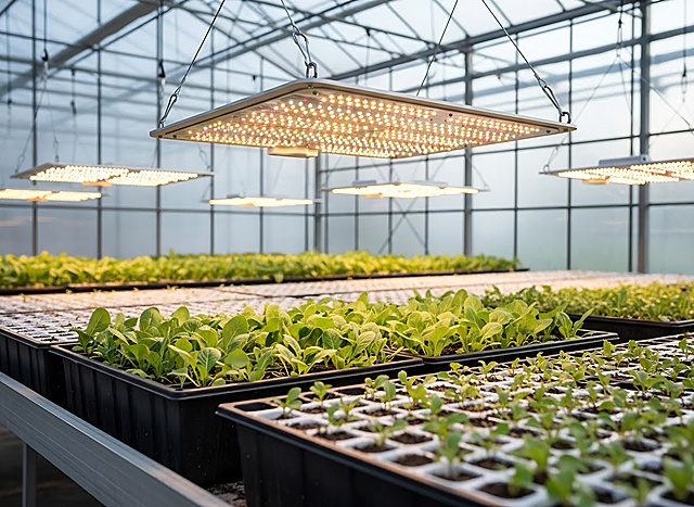 一张现代温室农业的摄影照片，展现了生机勃勃的绿色幼苗在暖黄色灯光下生长的场景。多排嫩绿的各种蔬菜幼苗整齐地种植在黑色容器和白色塑料托盘中。上方悬挂着参考图中全光谱LED生长灯，发出温馨的暖光，照亮了每一株植物。背景是温室大棚的玻璃墙，透进柔和的自然光。构图层次分明，前景是幼苗，中景是全光谱LED生长灯，远景是模糊的玻璃结构。色调以绿色和暖黄色为主，氛围宁静、充满希望，体现了科技与自然的和谐共生。高清摄影，细节丰富，景深效果。