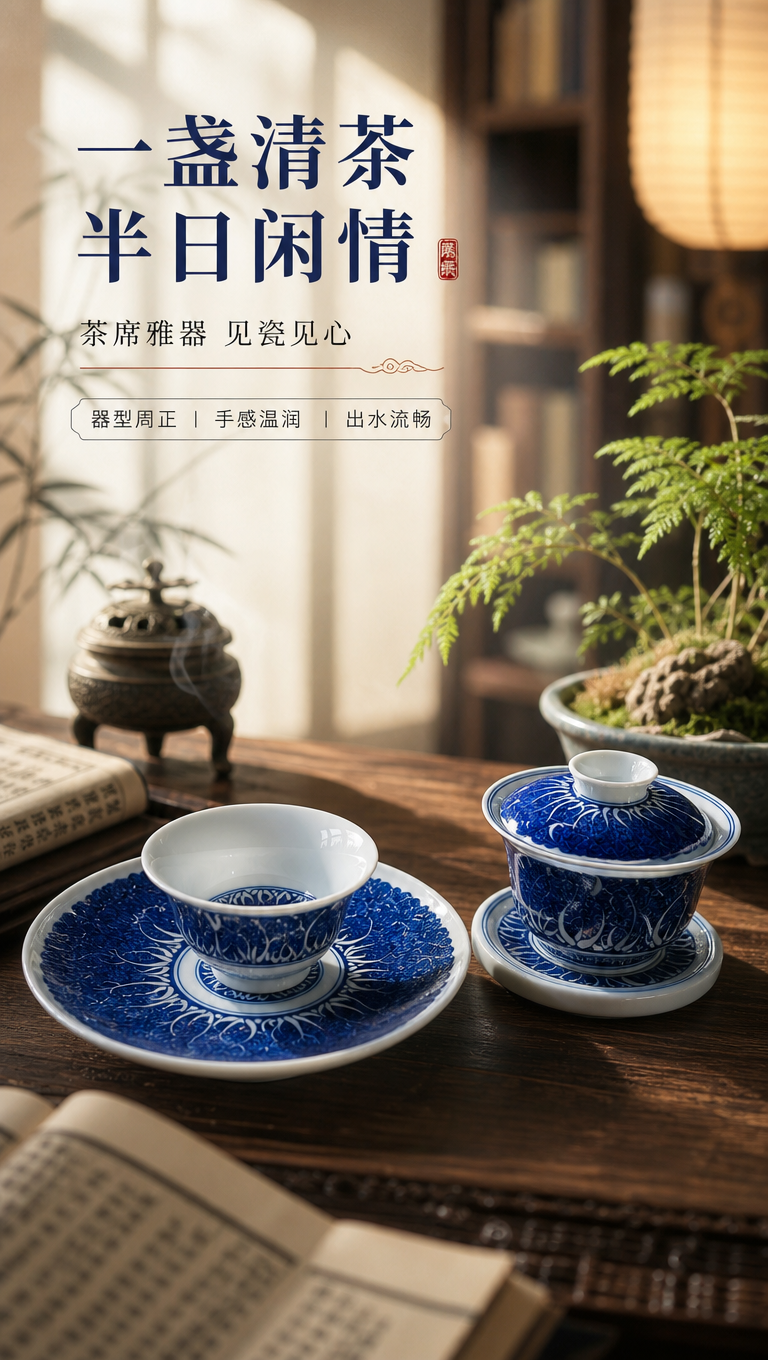 [商品] 使用【图1】青花盖碗套组；保留白瓷胎、青花菘叶纹、蓝… - 图片创意预览