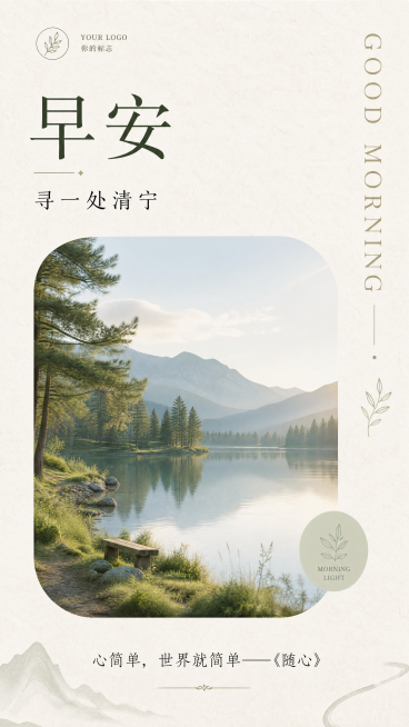 9:16竖版早安日签海报，保留参考图的简约文艺排版骨架，整体做差异化创意设计。顶栏预留LOGO位置，写主标题"早安"，副标题"寻一处清宁"，右侧竖向装饰文字"GOOD MORNING"，中间是圆角风景预览效果