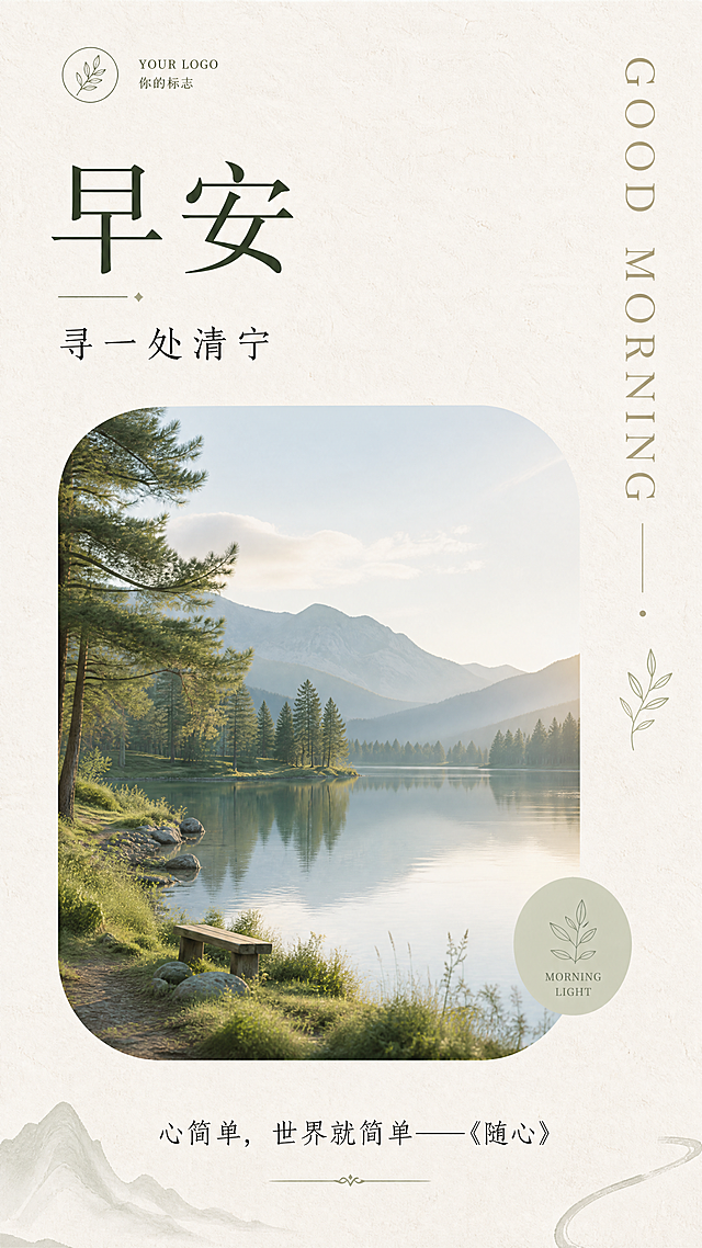 9:16竖版早安日签海报，保留参考图的简约文艺排版骨架，整体做差异化创意设计。顶栏预留LOGO位置，写主标题"早安"，副标题"寻一处清宁"，右侧竖向装饰文字"GOOD MORNING"，中间是圆角风景图框，展示治愈的湖边森林风景，底部写文案金句："心简单，世界就简单——《随心》"。整体浅米纹理背景，配色自然清新，文艺简约风格，文字排版清晰可读，版式精美，留白得当，4K高清画质。