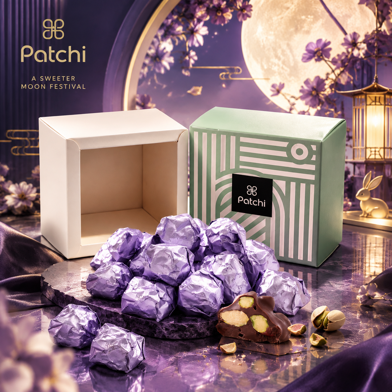 中秋节高端商业产品海报，主体是Patchi巧克力礼盒与紫色锡纸… - 图片创意预览