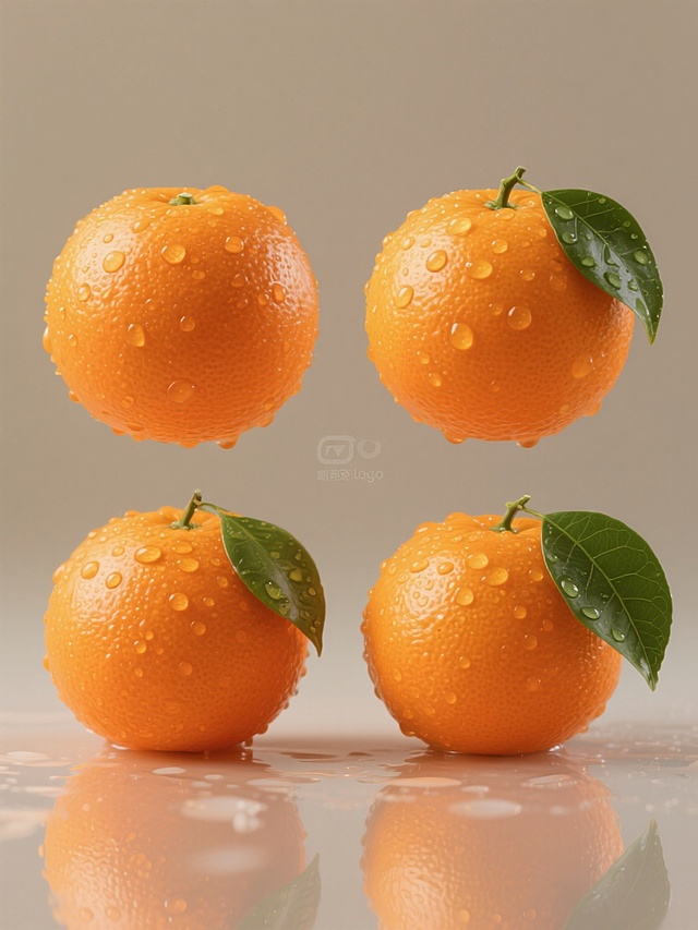 一套4个规整排布的素材，每个素材均为一个不同造型样式的橘子，保持超写实摄影风格，橘子呈现饱满的圆形，表皮具有细腻的毛孔质感，表面覆盖着晶莹剔透的水珠，水珠有高光和倒影，呈现出湿润的光泽感，每个橘子都带有一片新鲜的绿色叶子，叶子有清晰的叶脉纹理和自然的水滴，背景为纯色，无任何文字、logo和水印，整体构图对称平衡，光影效果为柔和的自然光，突出橘子的真实质感和色彩饱和度，色彩以鲜艳的橙色为主，绿色叶子作为点缀，营造出清新、新鲜的视觉效果。