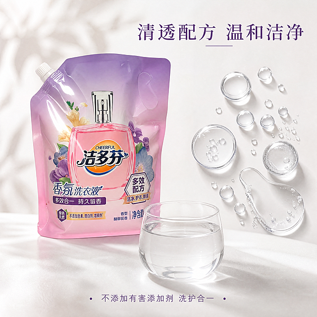 [主图-3] 洁多芬香氛洗衣液配方质地展示图
[氛围风格] 清澈纯净，高端品质感
[画质] 商业摄影质感，光线柔和通透，产品清晰真实，画面干净高级
[元素] 保持洁多芬洗衣液包装袋产品外观、物理结构、材质质感、颜色与输入产品图绝对一致，杜绝任何变形和色差。前景透明玻璃杯中盛放洗衣液，展示清透质地，侧逆光突出液体纯净感。左侧放置袋装产品，右侧水滴气泡阵列展示核心洁净成分。无其他产品辅助，画面干净高级。
[光影] 侧逆光拍摄，突出洗衣液清透质感，光影柔和，层次清晰
[配色] 浅白色背景，主体产品粉紫配色，液体清透无色，整体干净
[视角构图] 左右构图，左侧产品右侧细节展示，层次分明
[文字版式] 顶部标题「清透配方 温和洁净」，底部小字体补充「不添加有害添加剂 洗护合一」，文字简洁占比小，不遮挡主体。
[比例分辨率] 1:1比例，4K分辨率，文字清晰可辨，超高清
[负向提示词] 变形，水印，文字错乱，产品图模糊，背景杂乱，出现其他产品，出现第二件半价字眼，低俗，劣质