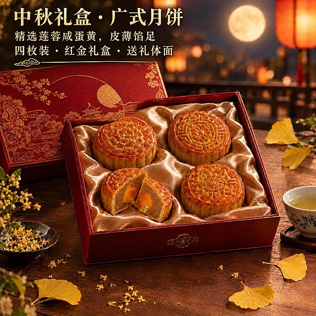 保持原图的月饼礼盒、背景光影、色彩与构图完全不变，只把左上角的中文介绍文字明显放大，做到清晰易读：主标题「中秋礼盒 · 广式月饼」字号放大到显著醒目（约为原来的两倍以上），下方两行「精选莲蓉咸蛋黄，皮薄馅足」「四枚装 · 红金礼盒 · 送礼体面」同步放大并保持行距整齐。字体为优雅的中文宋体/衬线字，暗金色带细腻烫金光泽与轻微描边，文字对齐排布在左上方的深色背景区域，仍然不遮挡月饼与礼盒主体。画面中不要出现重复、残影或多余的文字。