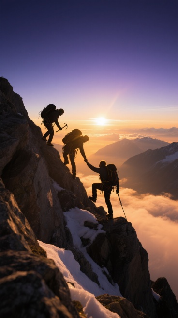 黎明时分，险峻的雪山山脊上，三位登山者的剪影正在奋力向上攀登，其中一人伸手拉拽同伴，展现团队协作精神，他们装备专业，背着登山包，手持冰镐，脚下是陡峭的岩石和少量积雪，远处天际线被初升的朝阳染成温暖的橙黄色，云层在山谷间缭绕，天空呈现深邃的蓝紫色渐变，整体画面采用高对比度逆光拍摄，人物轮廓边缘有金色光晕，营造出壮丽、励志且充满希望的氛围，细节丰富的岩石纹理与人物动态的剪影形成鲜明对比，展现出登山……预览效果