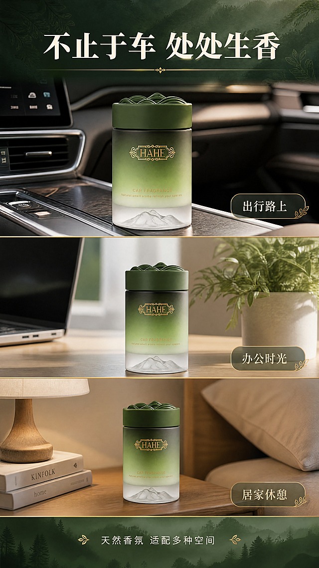 [商品] 使用【图1】HAHE车载香薰；保留墨绿色磨砂渐变玻璃瓶身、金色HAHE铭牌徽章、底部白色山形浮雕底座、顶部墨绿色山峦造型散香盖；保留产品结构比例、颜色、材质质感。
[画面] 目标：多场景种草，拓展使用边界，展示产品百搭属性。构图：三宫格竖排拼图，每格一个场景；上格：车内中控台场景，中格：办公室桌面场景，下格：卧室床头柜场景；每格中产品都自然融入环境，占每格画面约30%-40%；格与格之间用细金线分隔。场景：上格-高端汽车内饰中控；中格-简约北欧风办公桌，旁有笔记本电脑和绿植；下格-温馨卧室木质床头柜，旁有台灯和书籍；三个场景均为暖调自然光，氛围舒适。
[视觉] 套系策略：风格=东方森系高级商业摄影，自然光影+留白美学；标题字=宋体衬线粗体，典雅大气；正文字=简洁无衬线体；主色=墨绿森林绿；背景延展=基于墨绿色做深浅渐变、雾气层次、植物剪影纹理；强调色=烫金古铜色，仅用于小面积标题点缀、图标引线、装饰线条；标题色=米白+烫金；正文色=浅米灰；组件=细线金色引线、圆角半透明信息卡、植物装饰线条；光影=左前侧暖柔光，背景逆光轮廓光，整体低饱和高级灰调。
[文字] 顶部通栏主标题「不止于车 处处生香」；每格右下角配场景标签：「出行路上」、「办公时光」、「居家休憩」；底部一行小字「天然香氛 适配多种空间」；所有文字横向排版。
[规格] 图片比例9:16竖版，4K，避免变形、错字、文字过小、产品颜色改变、场景杂乱。