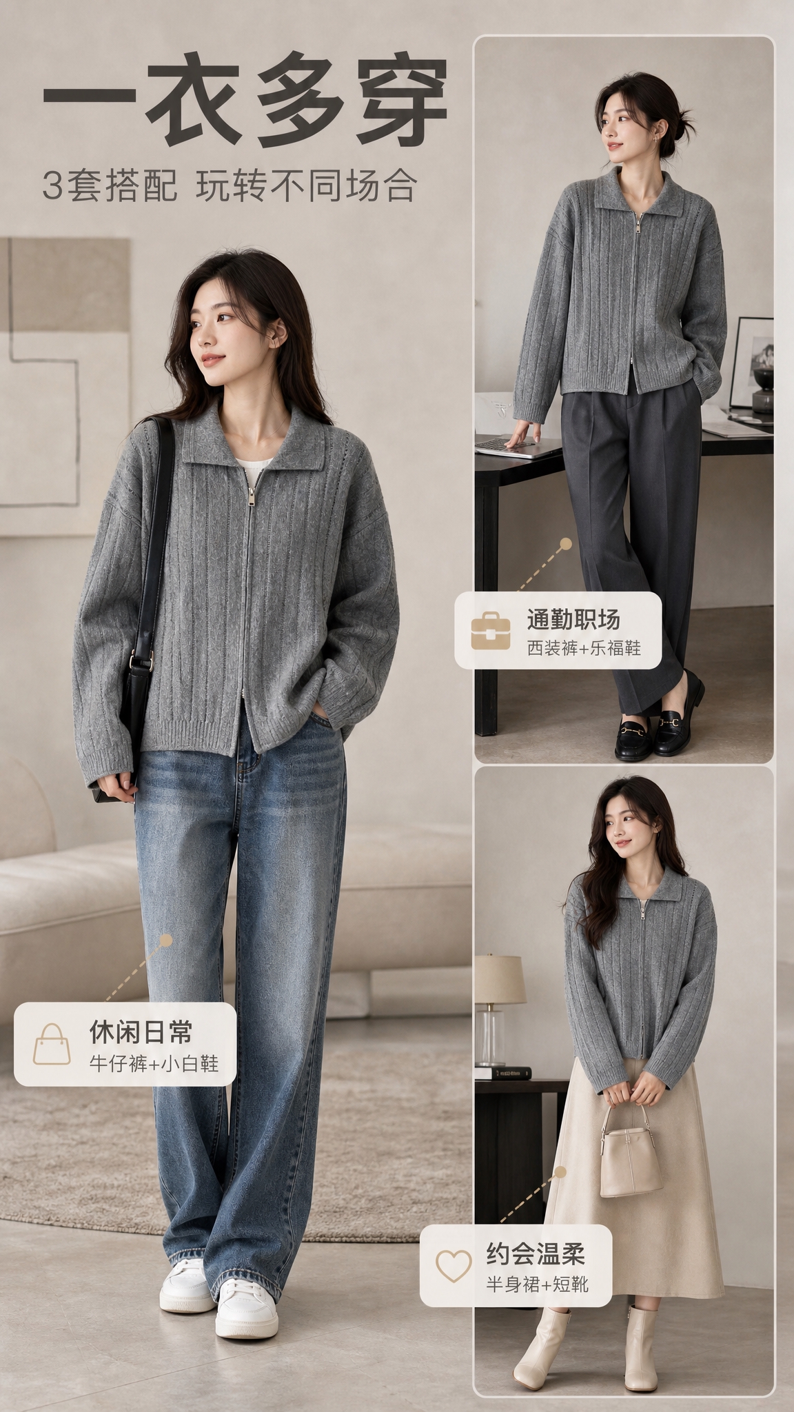 [商品] 使用【图1】灰色翻领拉链针织开衫；商品处理：保留翻领… - 图片创意预览