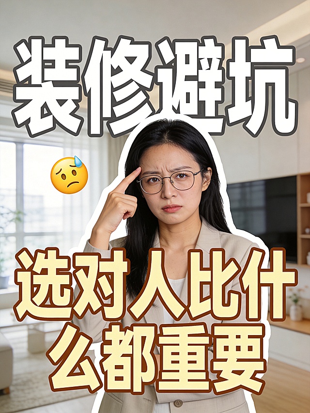 女性博主，戴眼镜，简约通勤着装。
皱眉肌微收缩，浅川字纹，瞳孔微颤，眼睑微紧张，眼神涣散，眼神光细碎。
单手食指轻点太阳穴，做思考状。
人物景别为完整展示从头顶到胸部以上的半身像，占据画面中心区域（占比约 60%），人物头顶上方距离画面上边缘约 15% 画面高度，人物边缘不超出中心区域。
人物边缘添加白色粗实线外描边。
叠压构图，顶部区域：仅放置主标题【装修避坑】，人物叠压在文字上方。文字顶部距离画面上边缘约 5% 高度，文字字号超大，文字宽度横向撑满整个版面边缘居中放置。
中部区域：仅放置人物，占据视觉中心。
底部区域：文字底部距离画面下边缘约 8% 高度，仅放置副标题【选对人比什么都重要】，文字宽度横向撑满整个版面边缘居中放置，文字字号大。
主标题字体样式：纯白，封面花字体，笔画极度粗壮且呈几何直线，起笔收笔均为平切，切角硬朗，用带棱角的矩形块彻底替代了传统的弧线，字内部空间极其紧凑，留白被极度挤压。笔画之间完全断开不连贯。极细深灰色文字外描边。
副标题字体样式：奶黄色，和主标题一致封面花字体，笔画极度粗壮且呈几何直线，起笔收笔均为平切，切角硬朗，用带棱角的矩形块彻底替代了传统的弧线，字内部空间极其紧凑，留白被极度挤压。笔画之间完全断开不连贯。极细棕色文字外描边。
一个流汗表情，emoji图标设计，表情是黄色的，向左倾斜，小尺寸装饰，放置在画面背景空白区域，严禁遮挡人物面部及主体。
真实的实景背景，明亮的现代装修样板间场景，窗外有自然光射入，适当虚化处理。
柔和均匀的漫射自然光，整体画面亮调通透不昏暗，背景自然虚化不杂乱，真实生活化居家质感，光影自然真实，高清细腻。
负向提示：(重复文字：1.5)，文字乱码，变形，矩形色块，人体结构畸形、人物比例失调，手部畸形，画质模糊，噪点。
分辨率为4k。