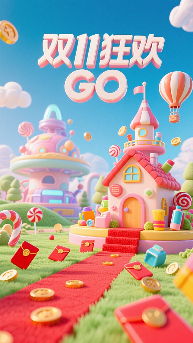 上方文字 “双11狂欢 GO”。中间是充满未来感与童话色彩的糖果屋背景，有奇特造型的建筑、热气球等元素，增添了梦幻感。中间悬浮着透视感强的日用商品，作为主要视觉中心。下方红地毯上散落着红包、金币等，色彩鲜艳