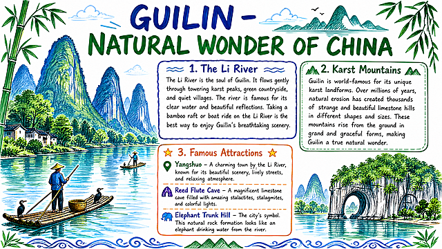 Guilin natural scenery hand-copied newspaper (handwritten poster) in marker pen style, A4 size vertical layout, white background. Features: beautiful karst mountain illustrations of Guilin with Li River and bamboo rafts drawn in colorful marker pen style on the sides and corners. Decorative borders with bamboo leaves and mountain silhouettes in marker style. Clear title at the top: "GUILIN - NATURAL WONDER OF CHINA" in bold artistic marker lettering. Multiple text boxes with English content about Guilin's scenery: first section titled "The Li River" with descriptive paragraphs, second section titled "Karst Mountains" with information, third section titled "Famous Attractions" listing Yangshuo, Reed Flute Cave, Elephant Trunk Hill. All text is clearly legible English. Vibrant marker pen colors, hand-drawn aesthetic, educational poster layout, clean white background, organized sections with headings and body text.