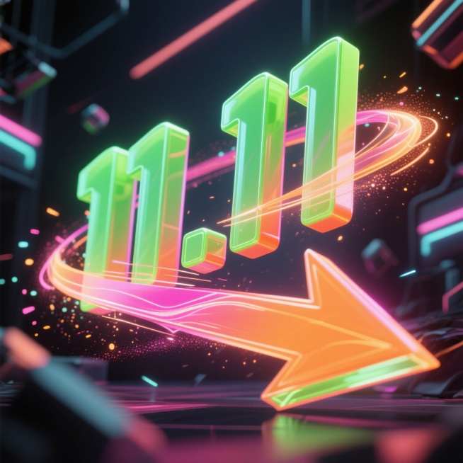 C4D建模风格的双十一电商海报，3D主视觉是抽象飞扬的立体「11.11」数字和冲破线条的箭头，色彩搭配为荧光绿、荧光橙、粉色高光点缀以及暗黑渐变，带有霓虹光污染效果，数字表面有流动光效，箭头路径有粒子预览效果