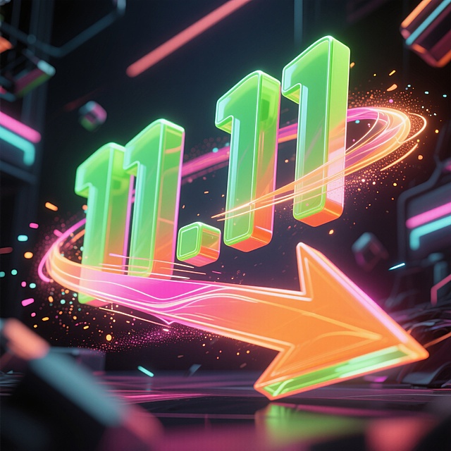 C4D建模风格的双十一电商海报，3D主视觉是抽象飞扬的立体「11.11」数字和冲破线条的箭头，色彩搭配为荧光绿、荧光橙、粉色高光点缀以及暗黑渐变，带有霓虹光污染效果，数字表面有流动光效，箭头路径有粒子拖尾