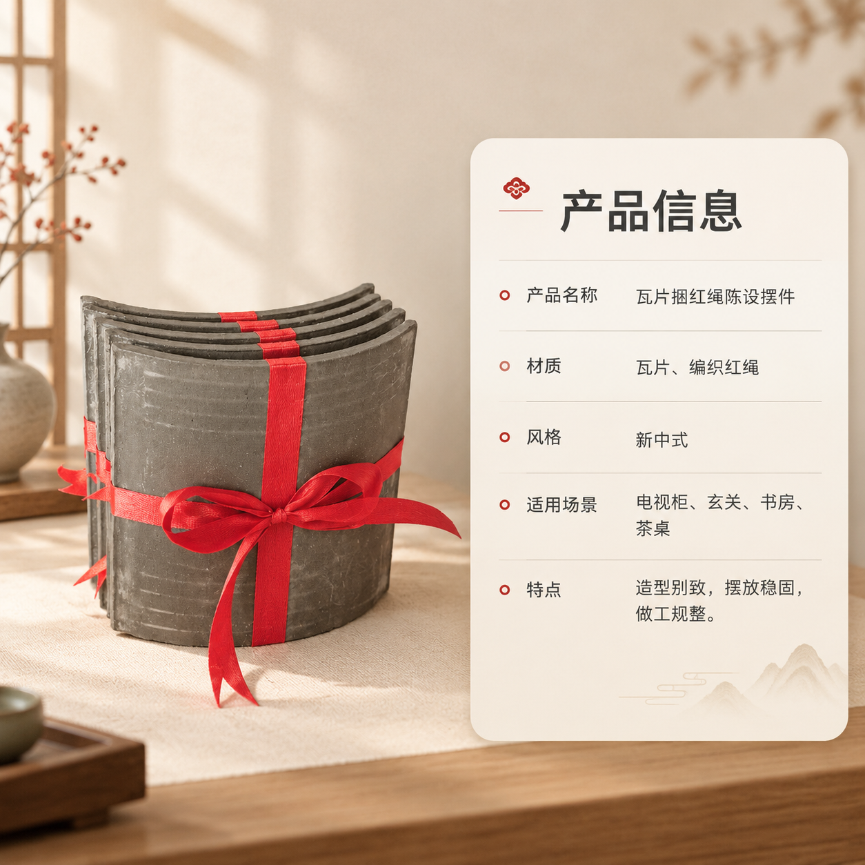 [商品] 使用【图1】瓦片捆红绳陈设摆件；保留瓦片弧形结构、灰… - 图片创意预览