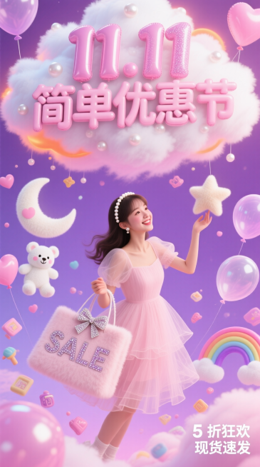 俯视视角，背景是粉紫渐变蓬松云层 —— 云层带珍珠白微光，边缘泛粉橙光晕，下方悬浮诸多小物件，开阔梦幻。浅粉 3D 充气字体 “11.11 简单优惠节” 居中，字体表面有细闪质感。主视觉女生穿纱质浅粉预览效果