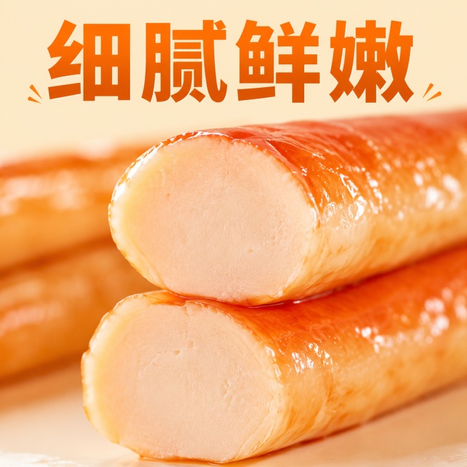 [主图-5] 蟹柳棒口感特写展示。[氛围风格] 微距特写，突出细腻鲜嫩质感。[画质] 超高清微距摄影，纹理细节清晰。[元素] 微距特写切开的蟹柳棒横截面，展示均匀细腻的内部质地，背景虚化放两整根蟹柳棒预览效果