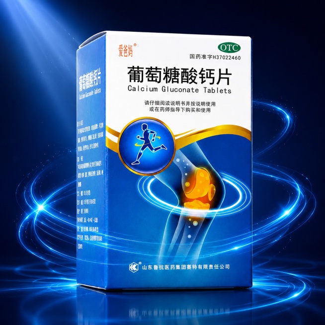 将原图片中的葡萄糖酸钙片药品包装盒作为中心主体，放置在深蓝色深邃背景中；包装盒周围环绕流动的青蓝色动态光带，光带呈半透明科技感光效，环绕包装盒流动，模拟医疗科技氛围感；采用近景特写构图，将包装盒完整展预览效果