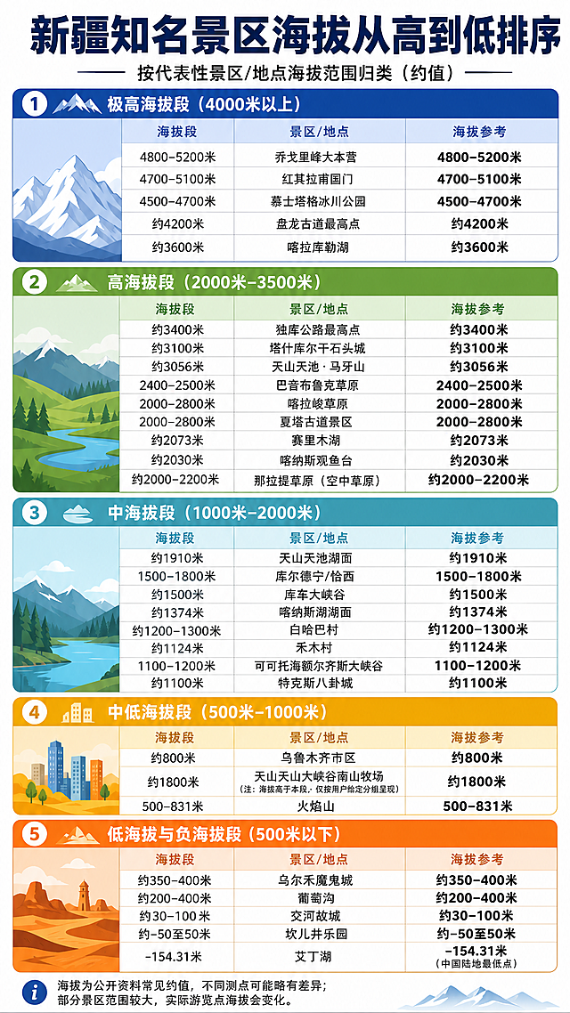 制作一张信息图，展示新疆最具代表性知名景区按海拔从高到低的排序。内容分为五个部分：1.极高海拔段(4000米以上)，包含乔戈里峰大本营(4800-5200米)、红其拉甫国门(4700-5100米)、慕士塔格冰川公园(4500-4700米)、盘龙古道最高点(约4200米)、喀拉库勒湖(约3600米)；2.高海拔段(2000米-3500米)，包含塔什库尔干石头城(约3100米)、天山天池·马牙山(约3056米)、独库公路最高点(约3400米)、巴音布鲁克草原(2400-2500米)、喀拉峻草原(2000-2800米)、那拉提草原(空中草原，约2000-2200米)、赛里木湖(约2073米)、夏塔古道景区(2000-2800米)、喀纳斯观鱼台(约2030米)；3.中海拔段(1000米-2000米)，包含天山天池湖面(约1910米)、库尔德宁/恰西(1500-1800米)、库车大峡谷(约1500米)、喀纳斯湖湖面(约1374米)、白哈巴村(约1200-1300米)、禾木村(约1124米)、可可托海额尔齐斯大峡谷(1100-1200米)、特克斯八卦城(约1100米)；4.中低海拔段(500米-1000米)，包含乌鲁木齐市区(约800米)、天山天山大峡谷南山牧场(约1800米)、火焰山(500-831米)；5.低海拔与负海拔段(500米以下)，包含乌尔禾魔鬼城(约350-400米)、交河故城(约30-100米)、葡萄沟(约200-400米)、坎儿井乐园(约-50至50米)、艾丁湖(-154.31米，中国陆地最低点)。顶部大标题为"新疆知名景区海拔从高到低排序"，整体风格简洁清晰，使用表格形式排版，方便阅读。