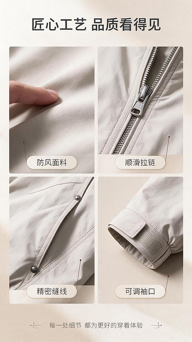 [商品] 使用【图1】浅米色立领宽松夹克；商品处理：保留立领、中央拉链、插肩袖、两侧按扣口袋、袖口魔术贴、下摆松紧、浅米色颜色和防风面料质感；自然去除衣身杂乱褶皱，理顺垂坠，增强面料纹理、缝线、拉链和五金按扣质感，不改变版型和结构。
[画面] 目标：工艺细节页，展示面料与做工质感。2×2宫格布局，分别展示：左上-面料微距纹理（手指轻触面料），右上-金属拉链头特写，左下-按扣口袋缝线细节，右下-袖口魔术贴调节细节。每个宫格有柔和阴影，背景浅米色渐变+细腻纸张纹理。
[视觉] 套系策略：风格=极简高级都市通勤商业摄影；标题字=现代无衬线粗体（思源黑体Heavy）；正文字=简洁无衬线体（思源黑体Regular）；主色=浅米杏；背景延展=基于浅米杏做深浅层级、同色渐变和细腻纸张/织物质感；强调色=深棕褐，仅用于小面积图标、引线和标签；标题色=深炭灰；正文色=中暖灰；组件=圆角浅底信息卡、细线引线、极简几何装饰；光影=左前侧暖柔光，柔和自然阴影。
[文字] 顶部主标题「匠心工艺 品质看得见」。每个宫格下方配1个短标签：防风面料、顺滑拉链、精密缝线、可调袖口。底部一行小字「每一处细节 都为更好的穿着体验」。文字横向排版，字号适中手机可读。
[规格] 图片比例9:16竖版，2K分辨率，中文文案，避免变形、错字、文字过小、冷蓝/蓝灰背景、衣服颜色改变、版型失真、极限词。