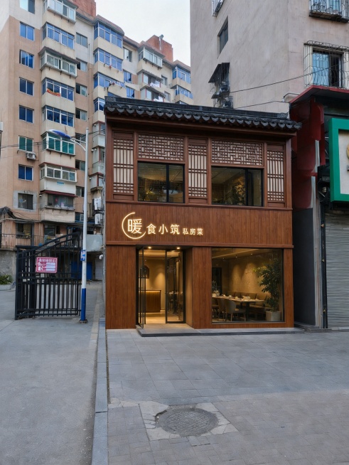 将这个私房菜餐厅门头改成新中式风格，保留'暖食小筑 私房菜'文字招牌，加入木质元素和中式格栅设计，整体雅致古朴，营造传统餐饮氛围预览效果