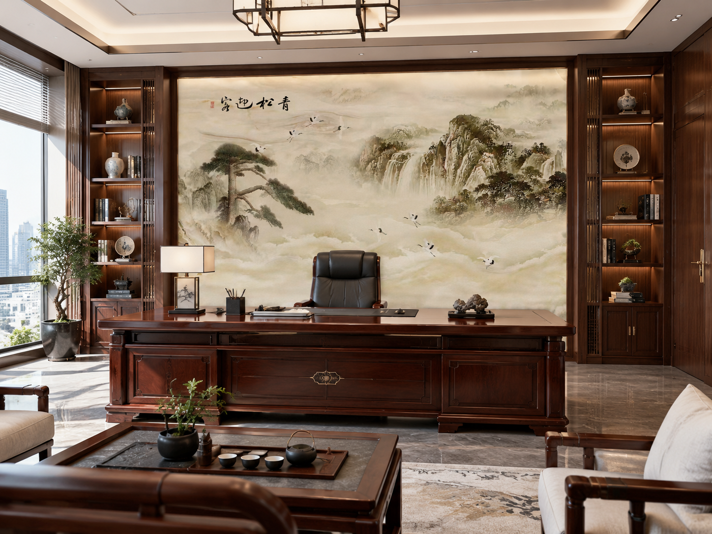 将这张刺绣硬包山水背景墙图安装到高端总裁董事长办公室的主墙上，… - 图片创意预览
