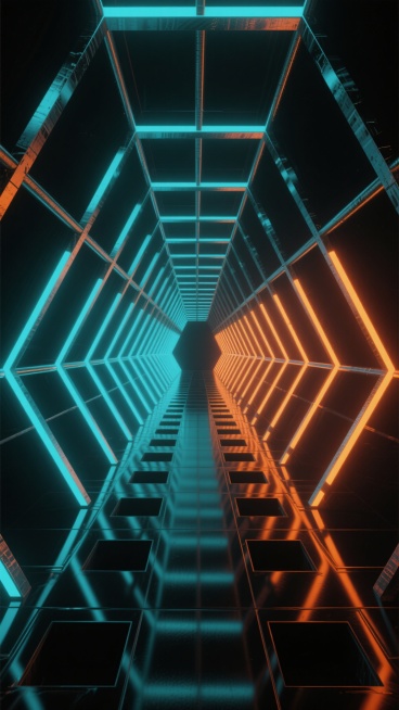 一个充满未来感的炫酷3D隧道场景，整体采用深邃的黑色作为背景基调，两侧和顶部由几何形态的金属结构构成，呈现出交错排列的立体框架。隧道两侧分别以明亮的青色和橙色霓虹灯管作为主要光源，光线沿着金属结构边缘延伸，在黑色的地面上投射出长长的、富有动感的光影。地面由规则排列的方形凹槽组成，形成光滑的反光表面，清晰地倒映出两侧的霓虹灯光，增强了空间的纵深感和科技感。整个场景营造出一种神秘、炫酷且极具冲击力……预览效果