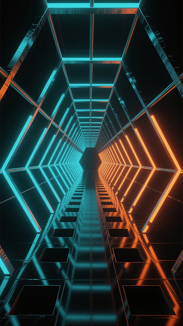 一个充满未来感的炫酷3D隧道场景，整体采用深邃的黑色作为背景基调，两侧和顶部由几何形态的金属结构构成，呈现出交错排列的立体框架。隧道两侧分别以明亮的青色和橙色霓虹灯管作为主要光源，光线沿着金属结构边缘延伸，在黑色的地面上投射出长长的、富有动感的光影。地面由规则排列的方形凹槽组成，形成光滑的反光表面，清晰地倒映出两侧的霓虹灯光，增强了空间的纵深感和科技感。整个场景营造出一种神秘、炫酷且极具冲击力的氛围，光线对比强烈，色彩鲜明，充满了赛博朋克风格的视觉张力。