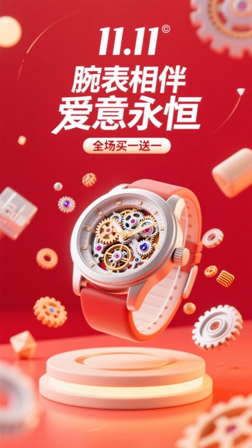 背景是充满艺术感的哑光正红色。一款精致的腕表以爆炸图（解构）的形式悬浮在画面中，其内部的齿轮、弹簧、宝石轴承等零件优雅地散落在周围，仿佛时间被瞬间定格，展现精密机械之美。
上方小标题“11.11”的l预览效果