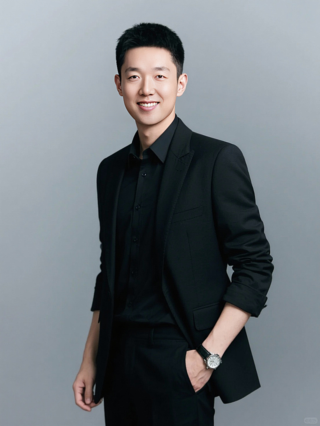 一个男生，灰色背景，黑色衬衫西装，手插兜，利落短发，精致的手表，人物自然微笑，商务形象照。