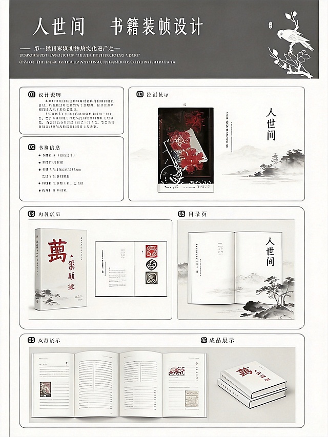 参考模板图《剪影流年》书籍装帧设计展板的布局结构，制作一张全新的《人世间》书籍装帧设计展示展板，排版为灰色顶部标题栏，下方分区块展示设计说明、书籍信息、封面、目录、内页、成品，保持整体简约中式水墨风格，将所有提供的《人世间》书籍设计图排版进去