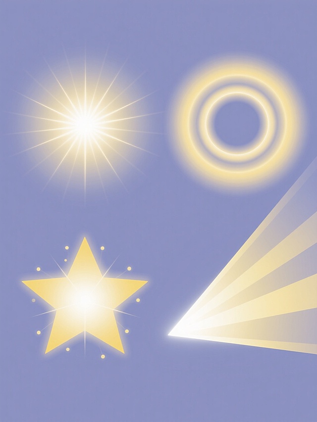 一套4个规整排布的素材，保持明亮柔和的渐变光效风格，每个素材以纯色为背景，分别包含不同造型样式的“光芒”元素：第一个为中心向外辐射的均匀放射状光芒，线条呈对称分布且边缘柔和；第二个为多层同心圆式光芒，每层光圈宽度渐变；第三个为不规则星芒状光芒，带有尖锐的星形边角和散射的细小光点；第四个为单侧倾斜的扇形光芒，光线从一角向另一侧逐渐扩散，所有光芒均呈现出类似原图的黄色至白色渐变色调，无任何文字、logo及水印。
