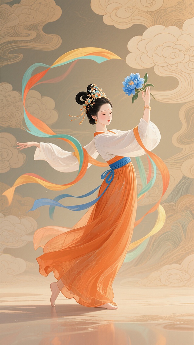 中国风插画风格，中心是一位身着橙色飘逸长裙、蓝色腰带和白色上衣的古典舞女，头戴华丽发髻，手持蓝色花朵，彩色飘带环绕飞舞，背景变换为具有细腻纹理的云纹质感，整体色调温暖和谐，光影柔和，具有浓厚的传统东方艺术韵味和灵动的动态感。