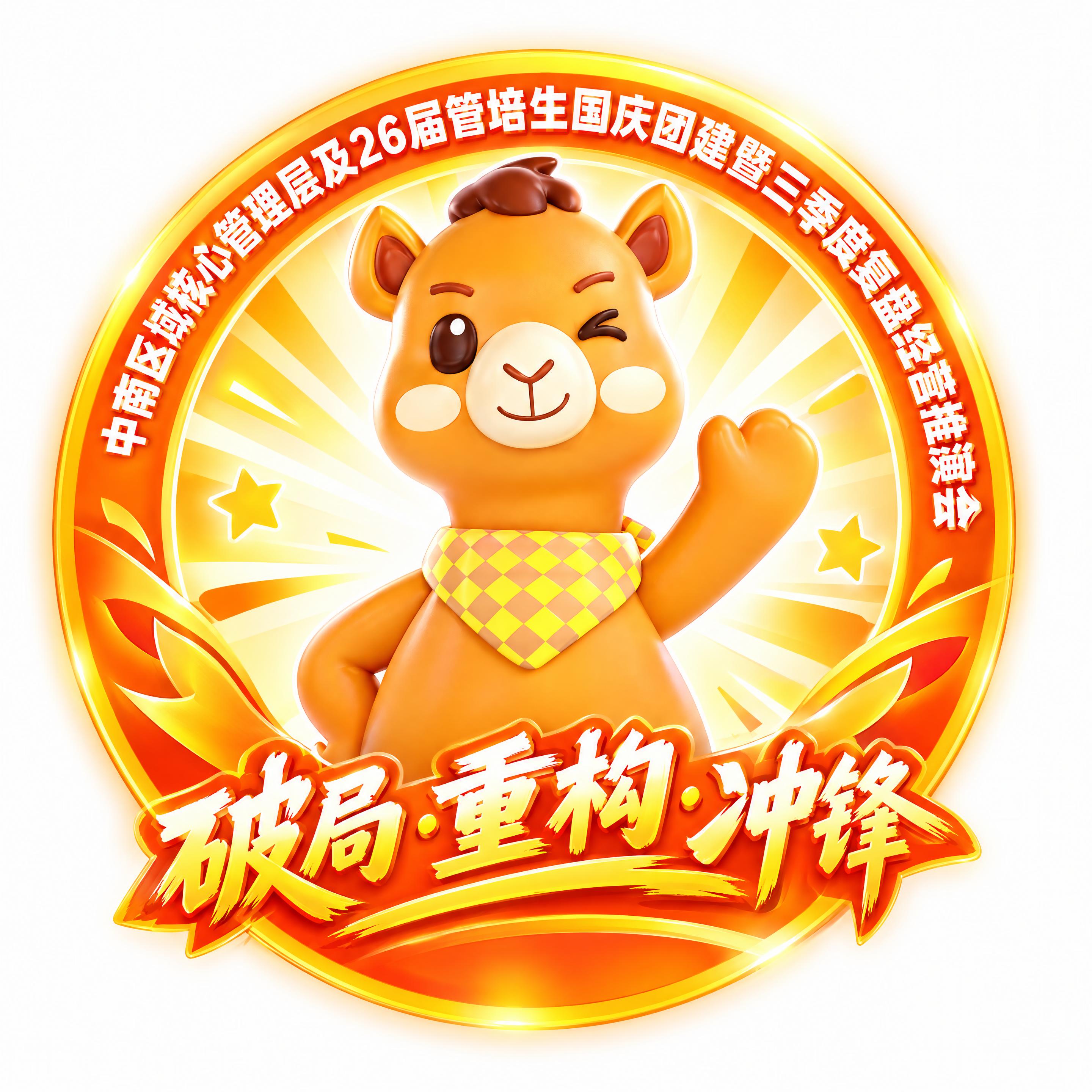 一枚活力青春风格的圆形团建纪念勋章，勋章中心是可爱的驼小新形象… - 图片创意预览