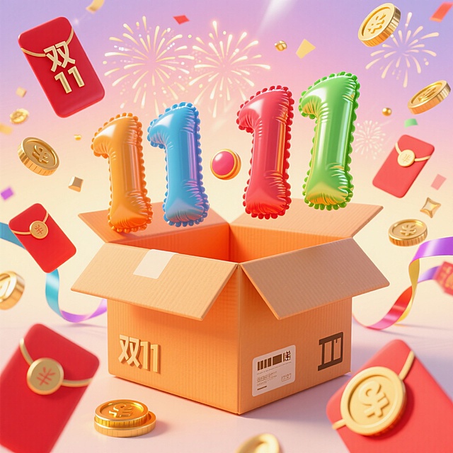 一个可爱的橙色快递箱，箱内弹出彩色立体数字 “11·11”。周围环绕红包、写着“双11”的卡片、烟花、金币、流动的彩色丝带等元素，背景为明亮的渐变光效