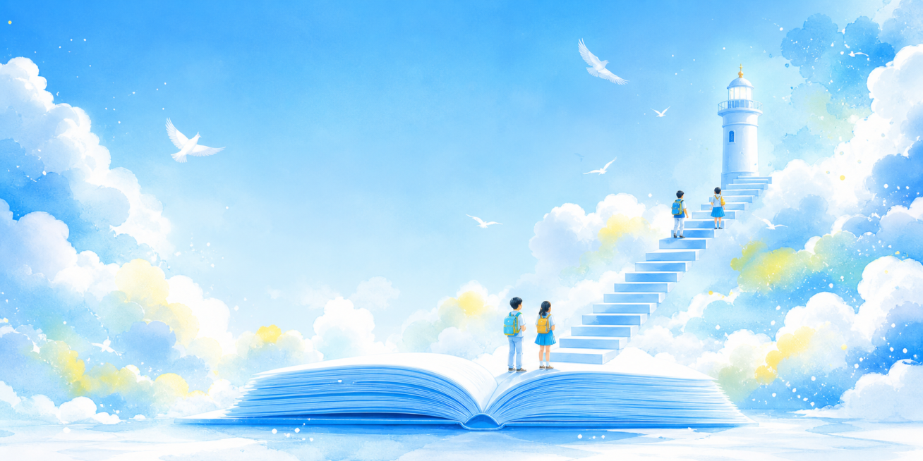 参考此图片水彩风格，重新生成蓝色开学季主题横幅，画面包含翻开的书籍、阶梯、灯塔、白鸽和学生，整体清新明亮预览效果
