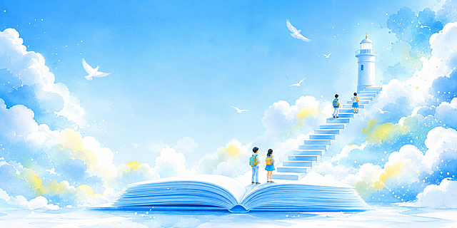 参考此图片水彩风格，重新生成蓝色开学季主题横幅，画面包含翻开的书籍、阶梯、灯塔、白鸽和学生，整体清新明亮