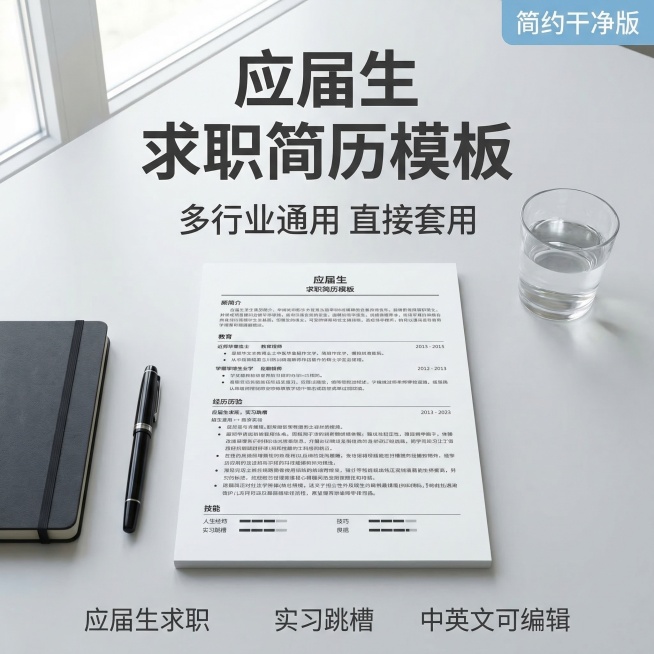 [主图主题] 应届生求职简历模板主图
[氛围/风格] 简约干净商务风，专业清爽氛围感
[画面元素] 页面中心展示一份平整铺开的单页简约简历模板，浅灰色桌面背景，左侧放着一支黑色钢笔和一本深色笔记本，右预览效果
