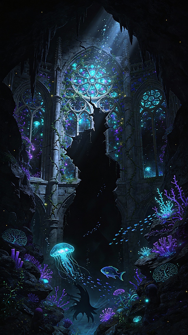 masterpiece, best quality, ultra detailed, highly intricate, cinematic lighting exclusively from bioluminescence, dramatic dark atmosphere, fantasy concept art, digital painting, pitch black abyssal underwater cave interior deep sea cavern no sunlight reaches complete darkness broken only by glowing neon cyan indigo purple lights, submerged ornate gothic ruins cracked arched columns rose windows covered in bioluminescent coral algae and glowing vines, volumetric god rays from glowing sources only sparkling ethereal particles plankton mucus threads drifting slowly, luxurious eldritch mystical oppressive aesthetic, 8k resolution, sharp focus on intricate glowing details[前缀], vast pitch black underwater cavern abyss endless void, clusters of neon cyan purple bioluminescent jellyfish anglerfish glowing deep sea anemones and flora illuminating jagged rock walls stalactites stalagmites twisted coral formations, faint submerged ancient gothic cathedral ruins with broken rose windows emitting soft ethereal cyan glow through cracks, floating bioluminescent plankton schools mucus veils drifting currents, massive shadowy silhouettes of leviathan creatures lurking in darkness, intricate detailed bioluminescent patterns on rocks like filigree runes vines thorns, high contrast deep black background sharp neon highlights sense of crushing depth isolation horror wonder