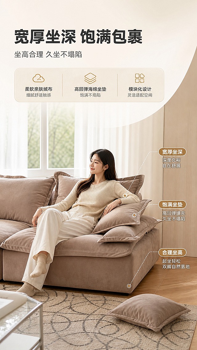 [商品] 使用【图1】浅咖色布艺模块化沙发；保留方正箱体结构、宽厚坐垫、大靠枕、低矮落地式外观、绒布面料纹理和浅咖色调；自然理顺面料褶皱，增强绒布质感；人物坐靠时坐垫有自然下陷弧度，体现饱满弹性。
[画面] 目标：坐感体验页，真人坐靠展示宽厚坐深与包裹感。上文下景构图，顶部约25%文案区，下方75%为真人坐靠场景；亚洲年轻女性自然侧坐于沙发中部，身体微靠，双手搭在扶手上，表情放松舒适；产品占画面约60%，正面微侧角度，中景偏全景；前景地毯+抱枕，后景明亮落地窗+纱帘，暖调自然光；阅读动线从上至下。
[视觉] 套系策略：风格=现代轻奢亮调家居商业摄影；标题字=现代无衬线粗黑体；正文字=简洁无衬线体；主色=浅米杏+暖咖；背景延展=基于浅米杏做深浅层级、同色渐变和细腻哑光墙面/木质感；强调色=暖金棕，仅用于小面积图标、引线和标签；标题色=深炭灰；正文色=中暖灰；组件=圆角浅底信息卡、细线引线、胶囊标签；光影=左前侧暖柔光，明亮通透，无硬阴影。
[文字] 顶部主标题"宽厚坐深 饱满包裹"（8字），副标题"坐高合理 久坐不塌陷"；画面右侧用虚线+引线标注"宽厚坐深""饱满坐垫""合理坐高"3处体验点，每处配4-6字短说明；文字横向排版，不遮挡人物与沙发主体。
[规格] 图片比例9:16竖版，4K，避免变形、错字、文字过小、冷蓝/蓝灰背景、沙发颜色改变、版型失真、绝对化用语、人物面部模糊。