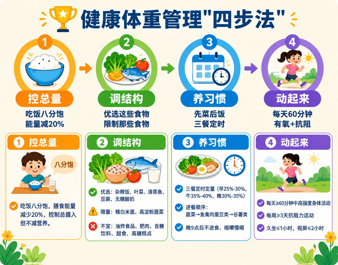 参考上传图片的版式骨架与扁平插画风格，制作一张健康体重管理四步… - 图片创意预览